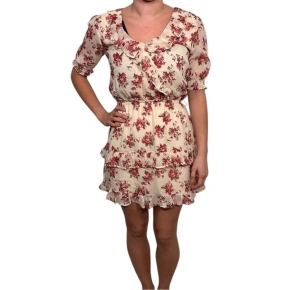 PAIGE Dresses & Skirts - PAIGE Women Silk Floral Ruffle Mini Dress Cream Red Short Sleeve XS